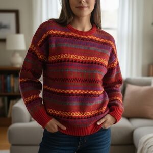 Pitlochry Shetland Wool Fair Isle Sweater Red Multicolor 100% Pure New Wool S/M